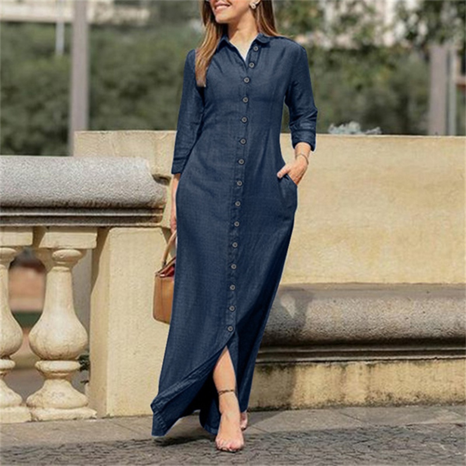 thumbnail image 2 of Vestido informal de mujer, de denim liso, con cuello en V, manga larga, botones y bolsillos, de poliéster, 2 of 8